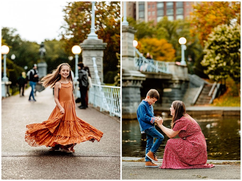 Girl dancing in an orange dress on a bridge with a mother and son laughing together.  

