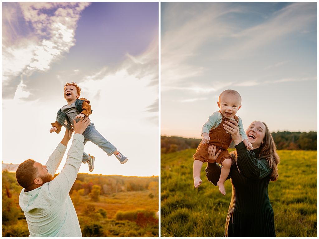Man tossing his son in the air and mom smiling at her son.
