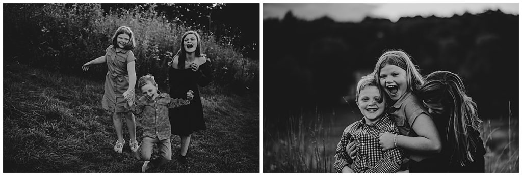 Black and white images of 3 children dancing and laughing together in Boston.