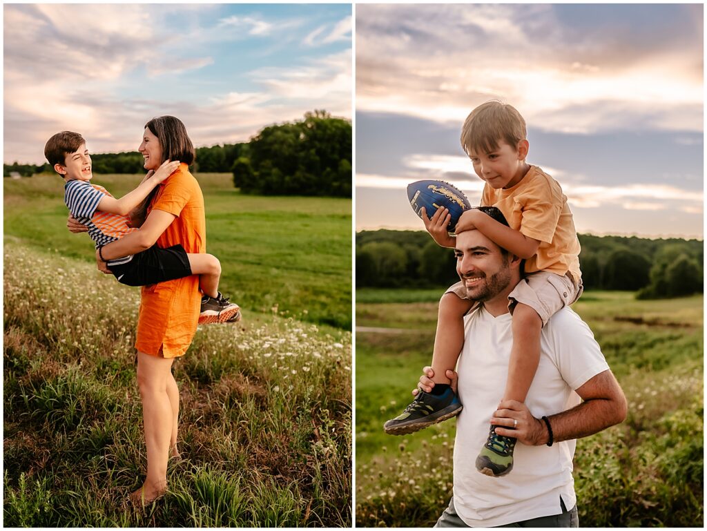 Mother and son dancing in a field with the father and son playing football.