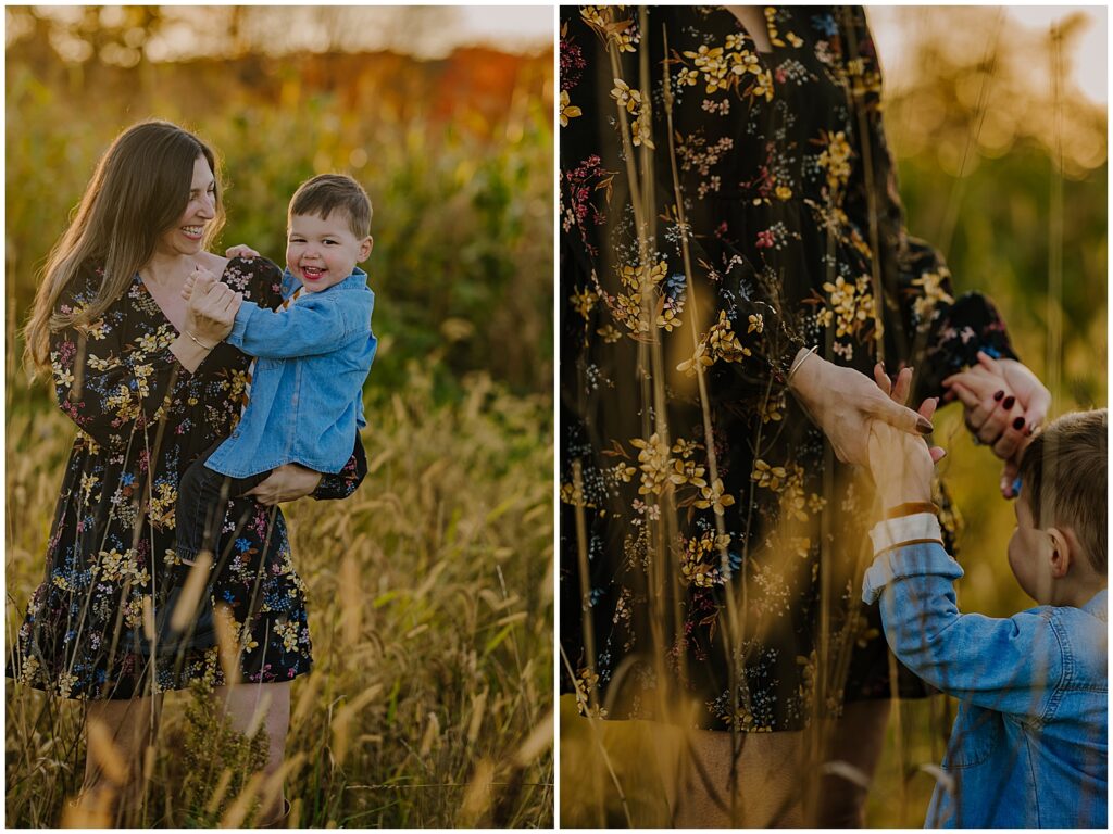 Boston Portrait in a field with mother holding son's hands 
