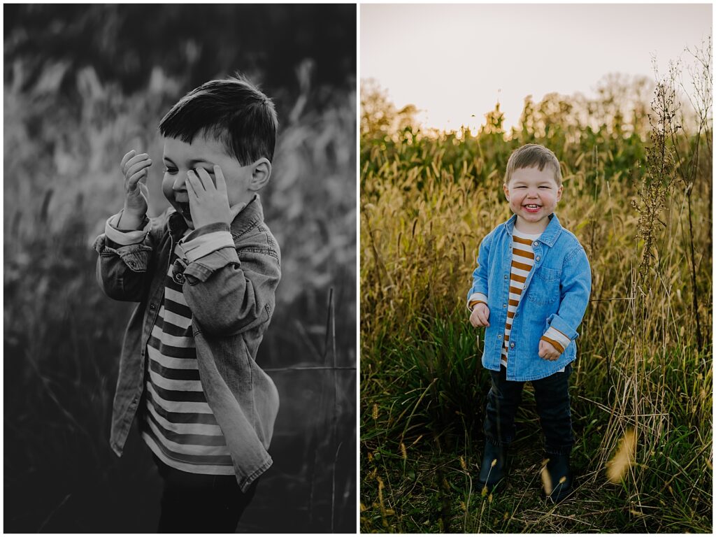 Boy standing in a field smiling at the camera for his Boston Portrait session
