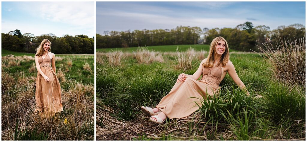 Girl wearing a long flowy dress posing in a field. 
