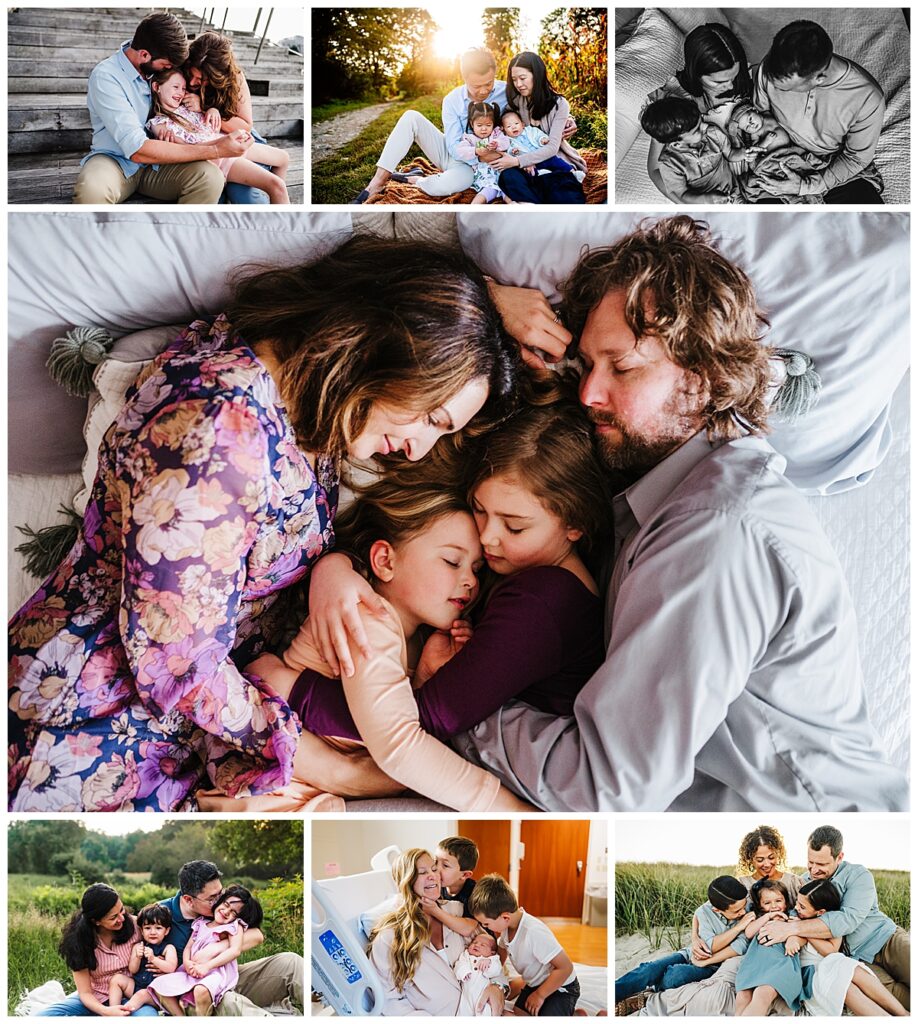 Families cuddled together sitting on a blanket
