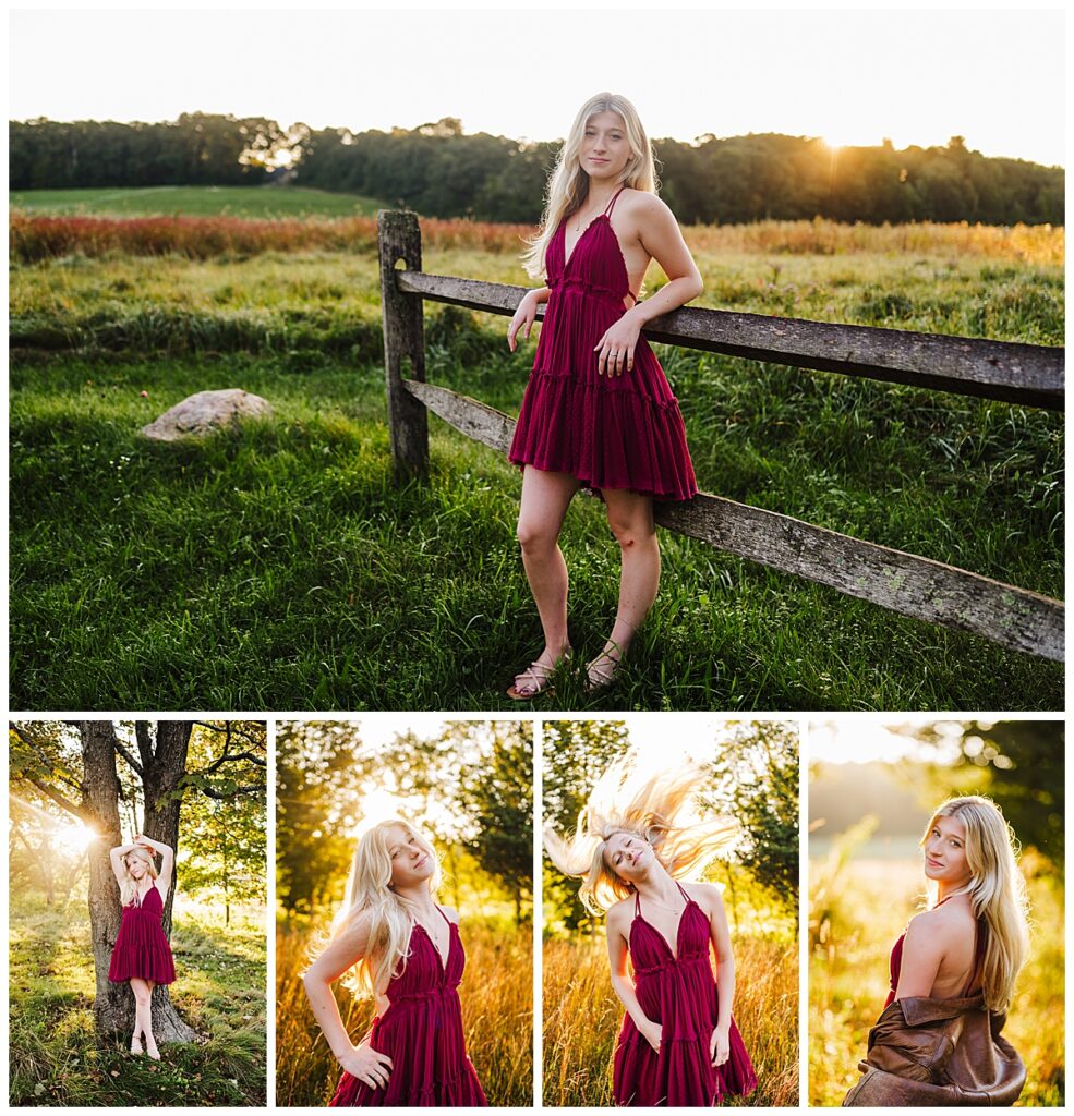 Boston senior session with a girl in a maroon dress in a field with the sun behind her
