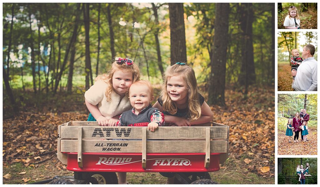 2 girls and a boy in red wagon during a Hopkinton family photography session
