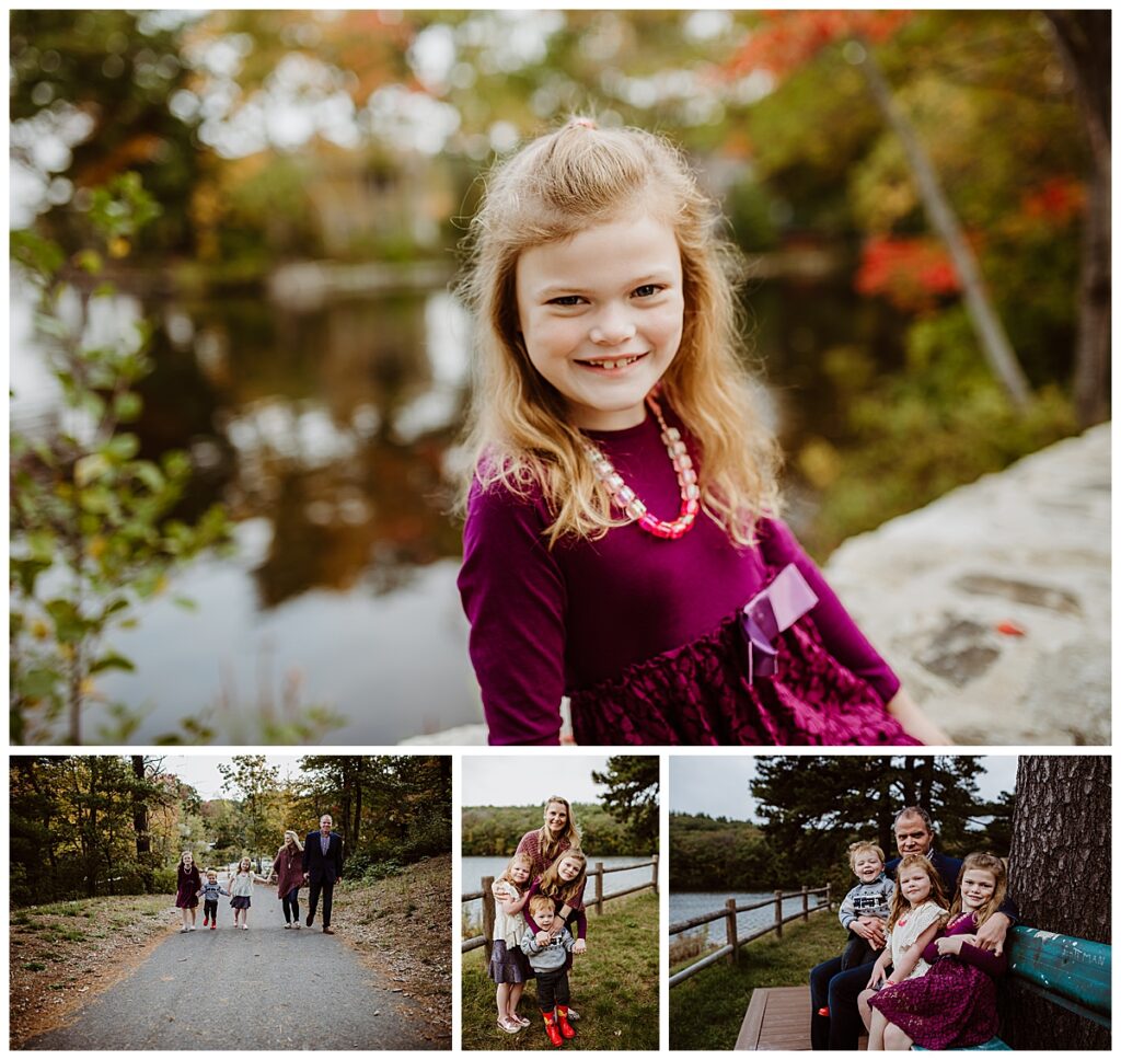 Girl wearing a marroon dress posing near a lake during a Hopkinton family photography session

