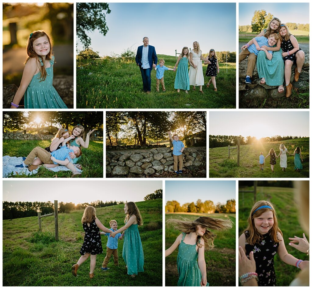 Family playing in a field during a Hopkinton family photography session