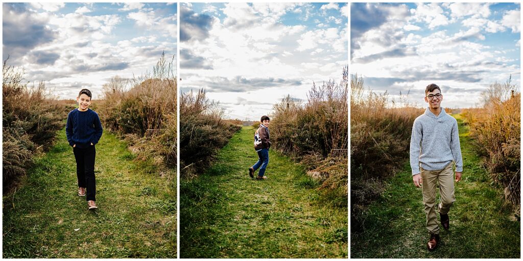 Portraits of boys posing in a field in Boston during a photography session
