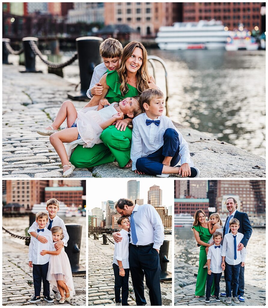 Family in Boston sitting on bricks during photo session.