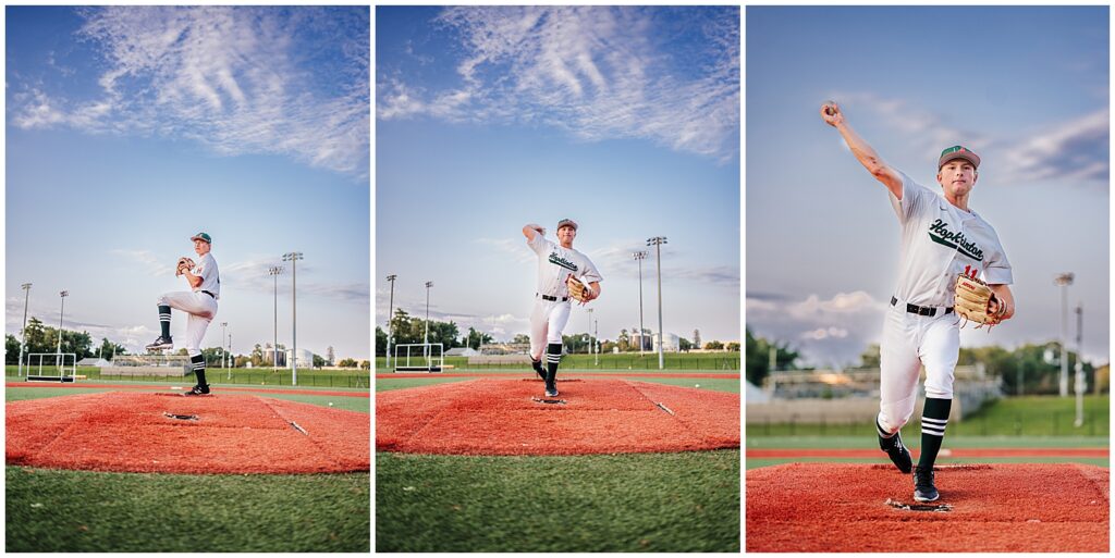 Baseball player throwing a ball during a Hopkinton senior photo session