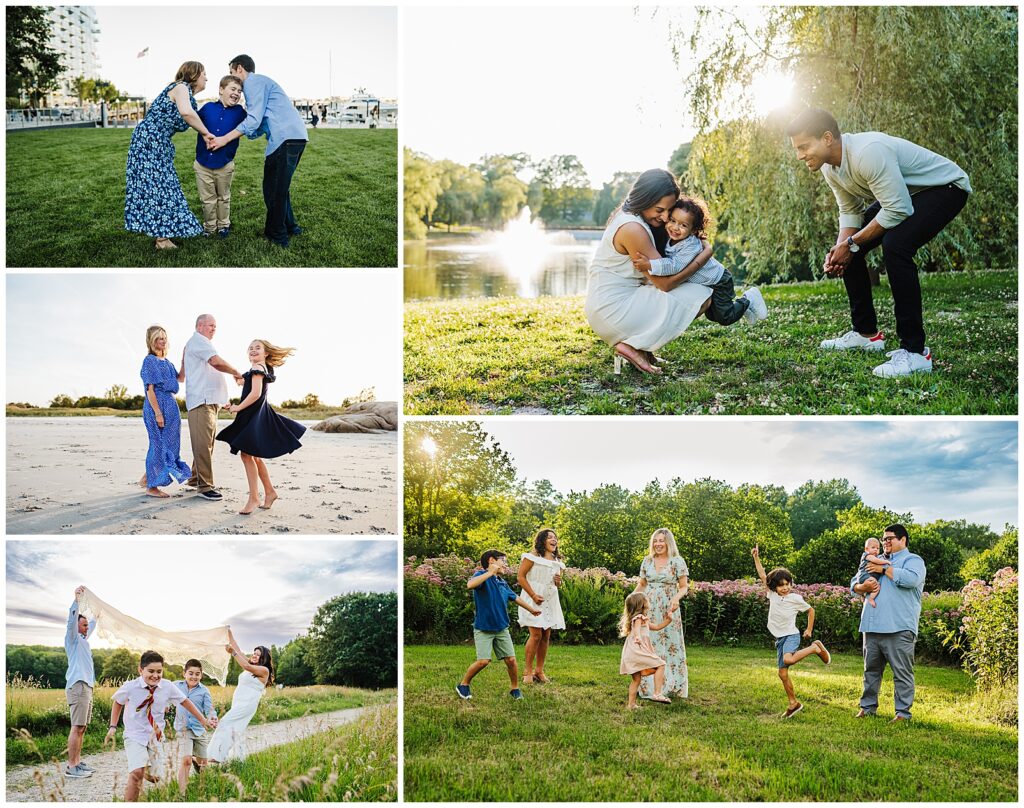 Families playing and dancing in a field and on a beach