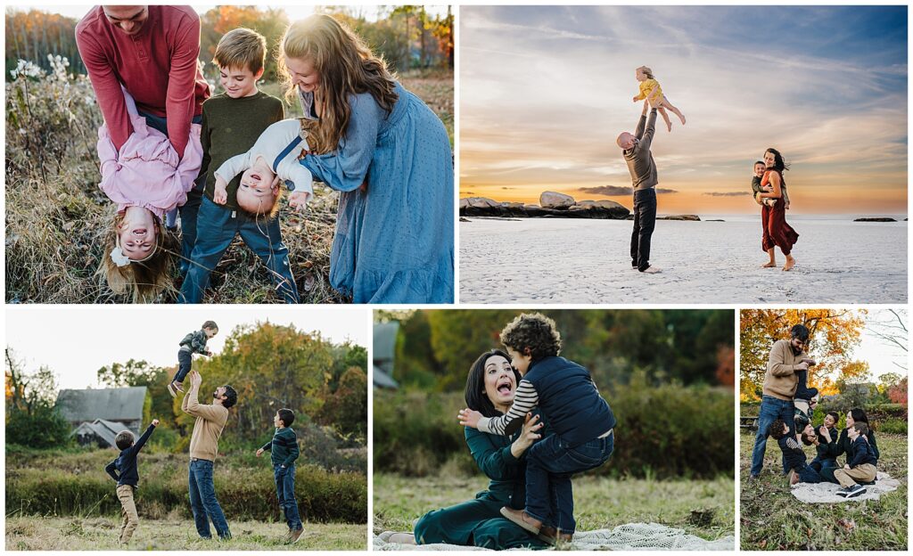 Families running and jumping during family photography session