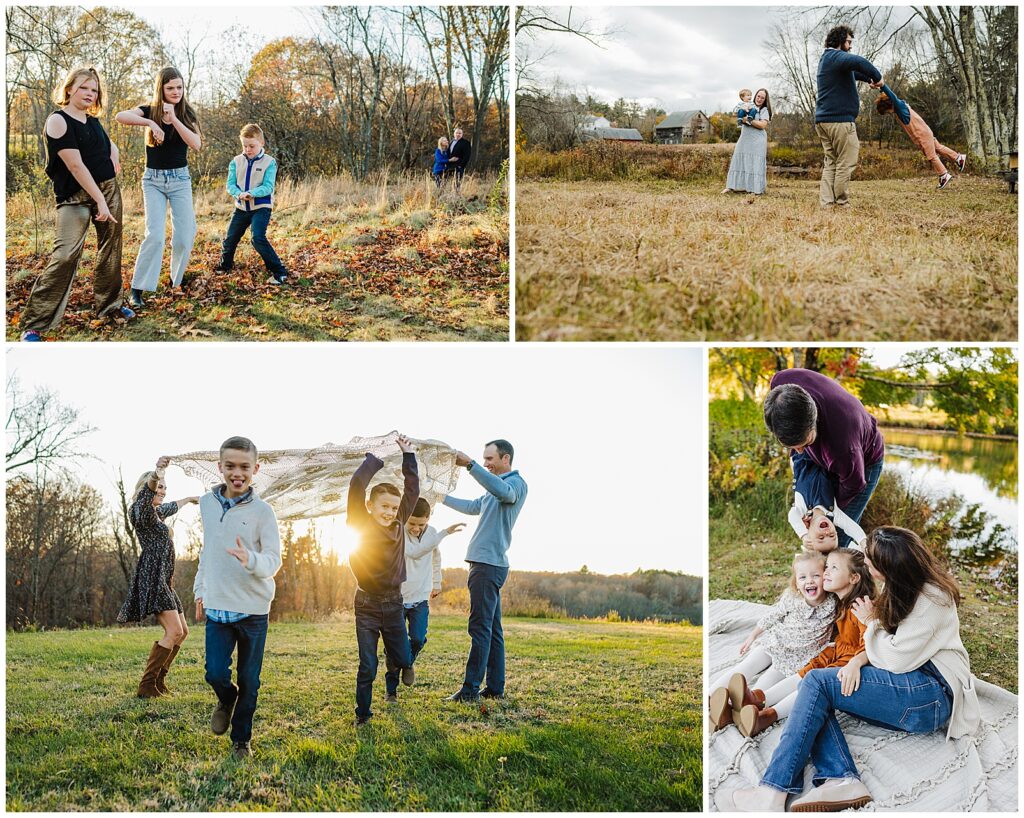 Families running under a blanket during a family photography session in Boston