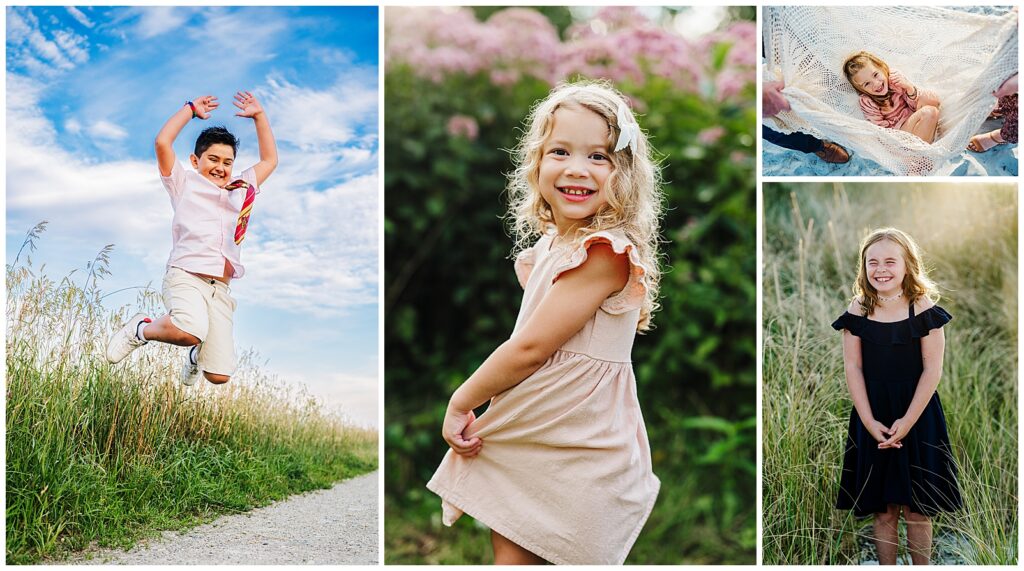 Boy and girl twirling and jumping in a field during a photo shoot. 