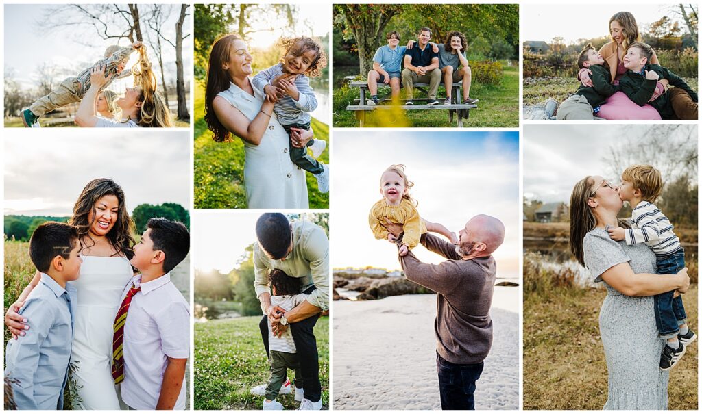 Moms and dads with their kids, cuddling and laughing