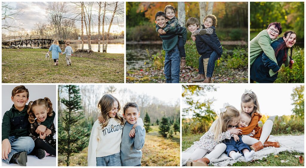 Group of brothers and sisters who are having fun together during a family Boston photography session 