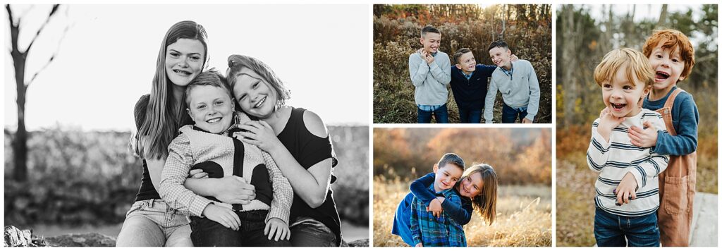 Groups of siblings hugging and playing for Boston family photography session