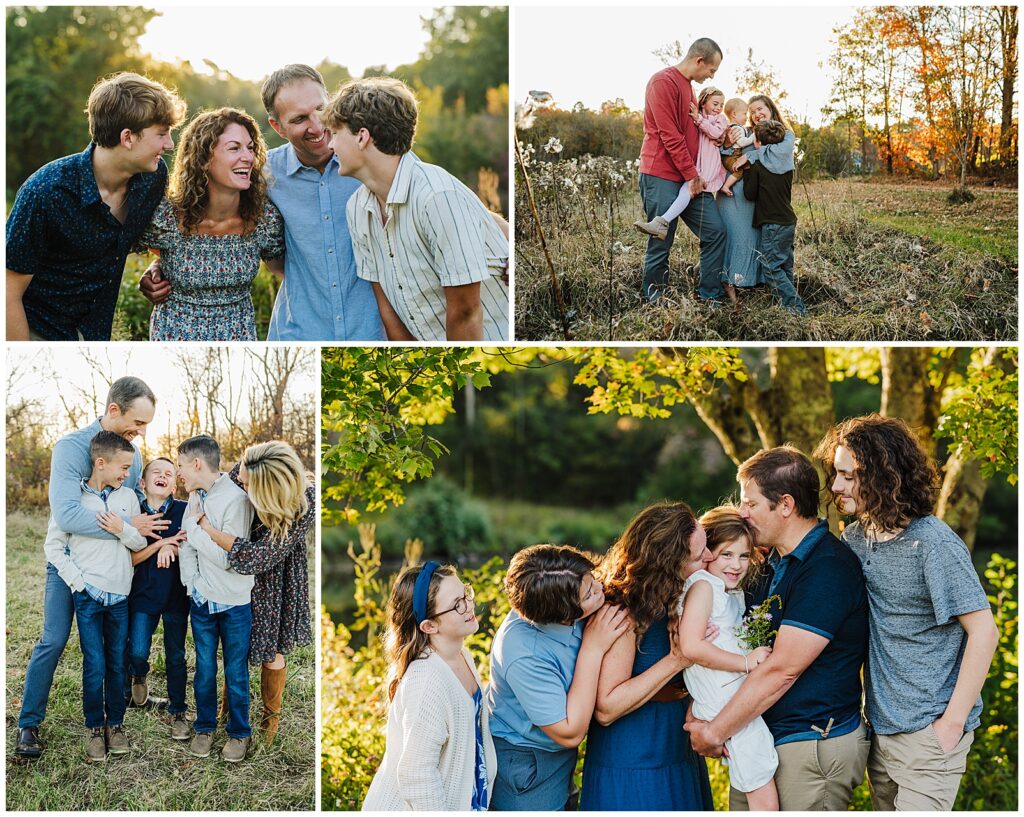 4 families dressed in the fall in fields who are huddled together and cuddling. 