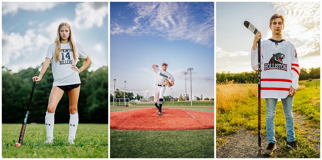 A field hockey player, a baseball player and a hockey player during their senior photo sessions
