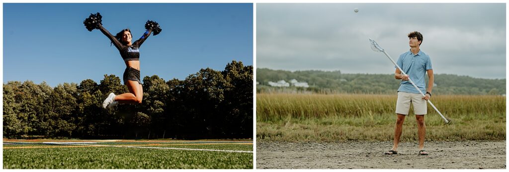 A cheerleader jumping in the air and a lacrosse player playing on a beach during senior photos.