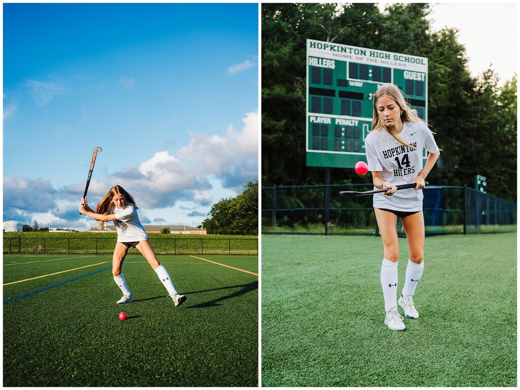 Dynamic Sports Portrait of a girl holding a field hockey stick and ball