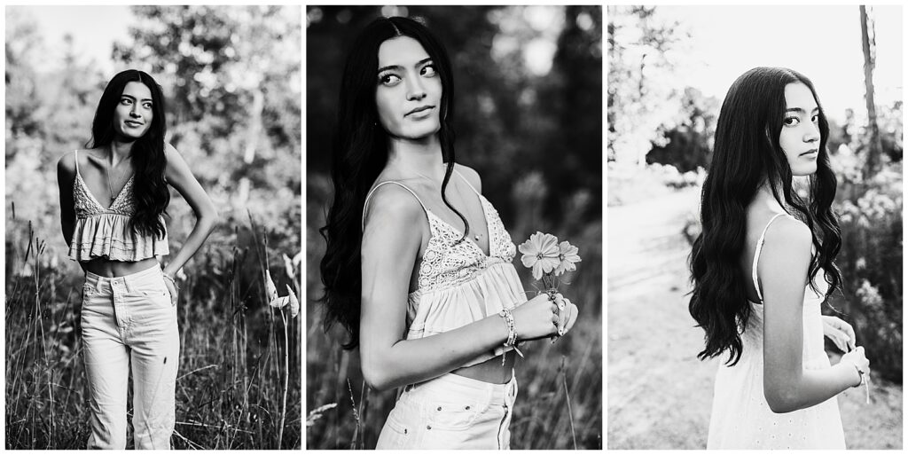 Black and White images of a girl wearing a white dress holding a flower for senior portraits.
