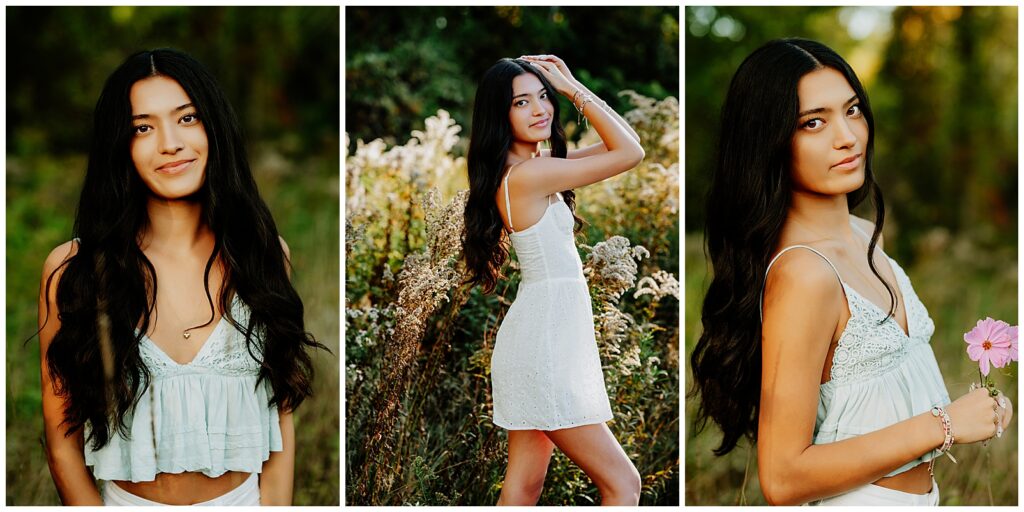 Girl wearing a white tank dress looking at the camera and smiling while holding a flower in hopkinton, MA.