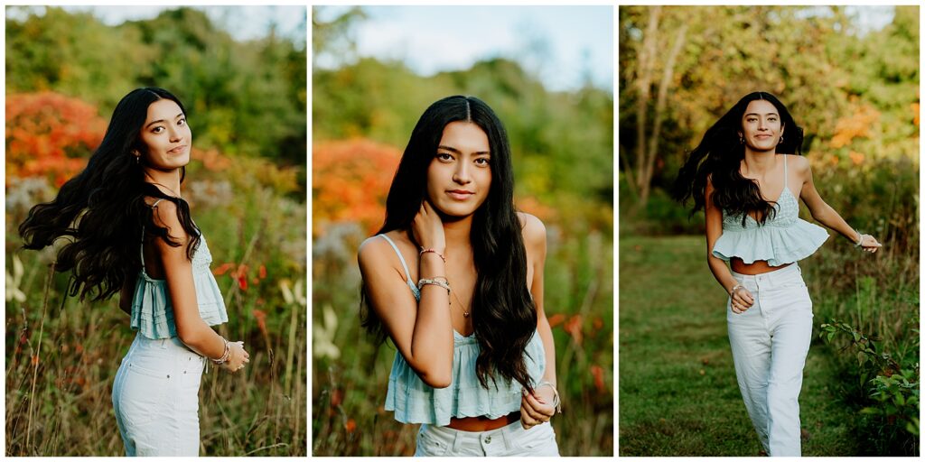 Senior girl wearing a blue tank top swinging her hair for portraits in Hopkinton MA