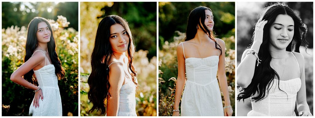 Senior girl wearing a white dress while playing with her hair and looking away from the camera in a field in Hopkinton MA