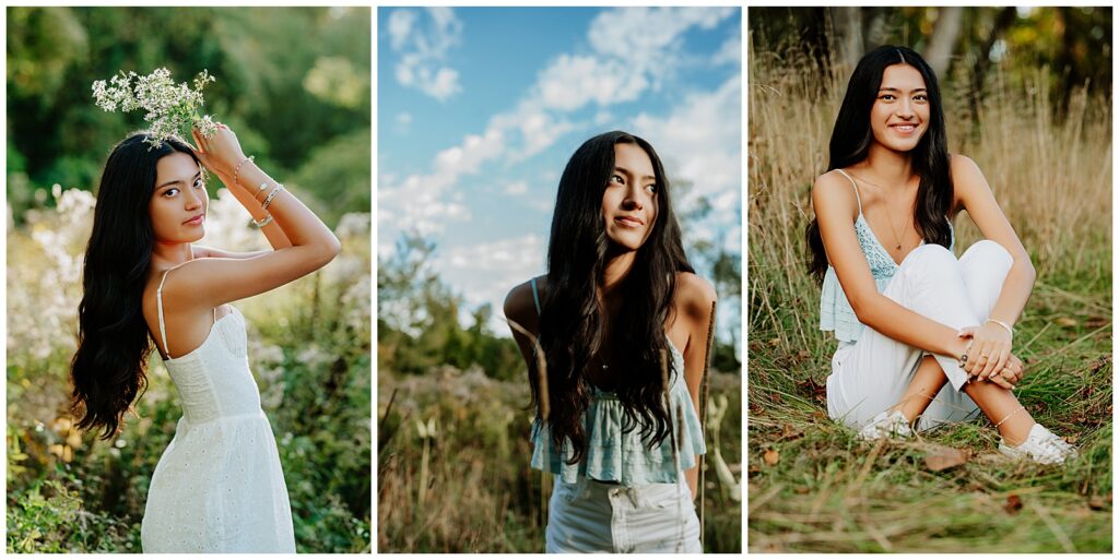 Senior girl in high school sitting on the ground holding her knee for her senior portraits in hopkinton MA