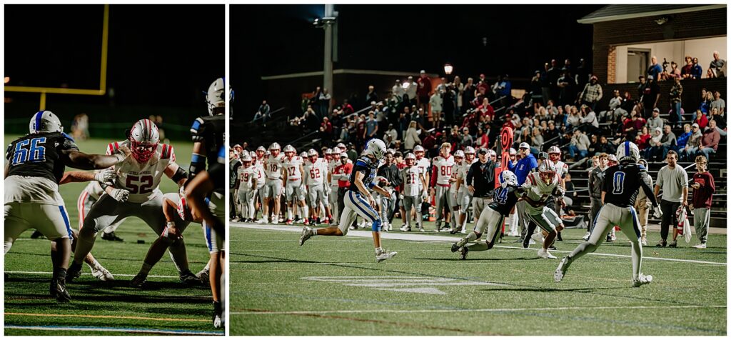 High school football game where the quarterback is getting the ball from the center.