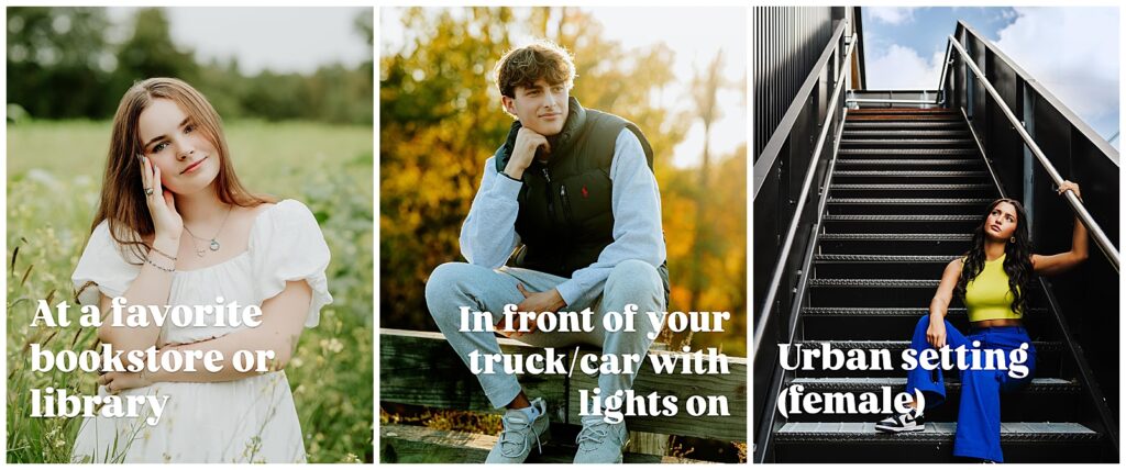 Senior boys wearing a grey sweatshirt and a blue puffy vest sitting on a wall with his chin in his hands and looking off to the left. 