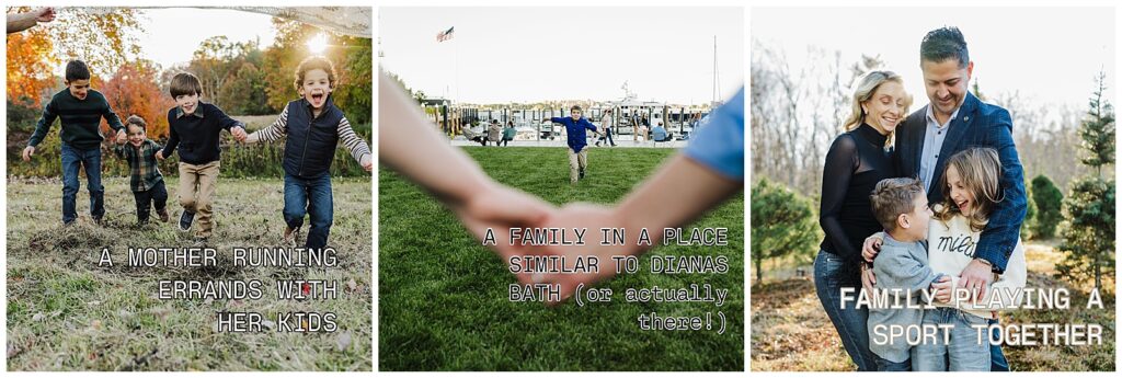 Mother and father holding hands in the foreground with their son running towards them.