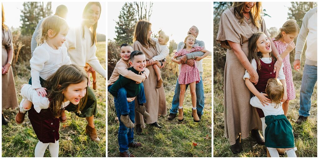 An extended family in a field outside of Boston wearing neutral and jewel tone outfits having fun during a photo session.