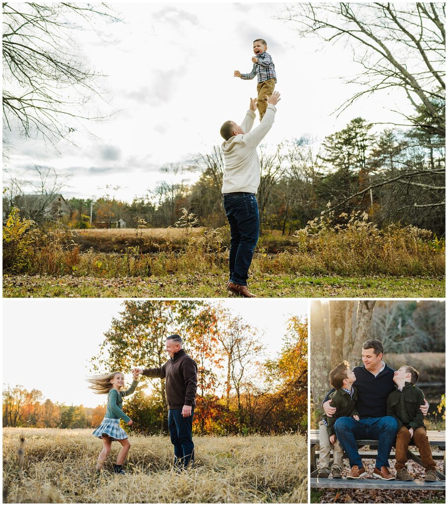 A father throwing his son up in the air and laughing while standing in a field with a pond in the background