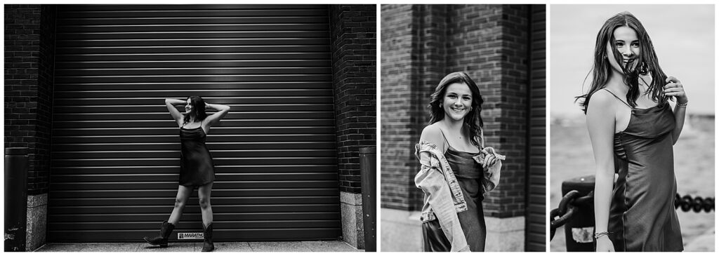 Black and white images of a girl standing against a brick building wearing a short dress posing for senior photos in Boston