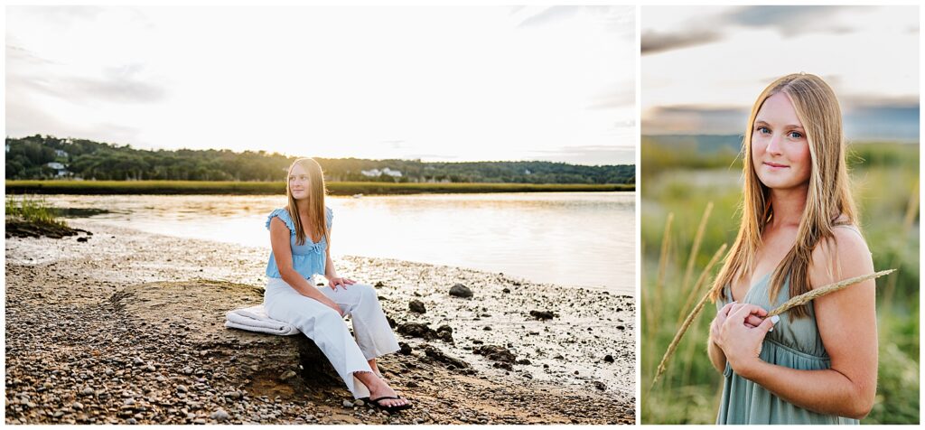 High School senior sitting on the beach wearing white pants and a blue top.  She is sitting on a rock
 with her legs out away from the water.  