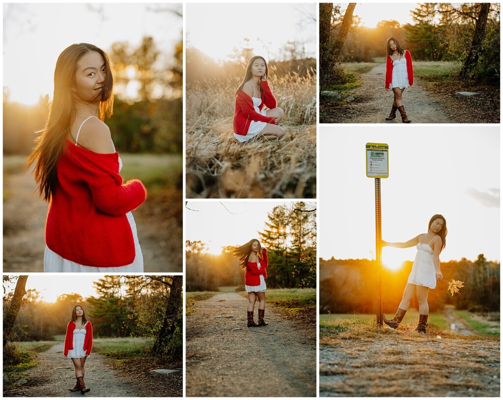 High school senior wearing a red sweater and white dress during a golden hour session