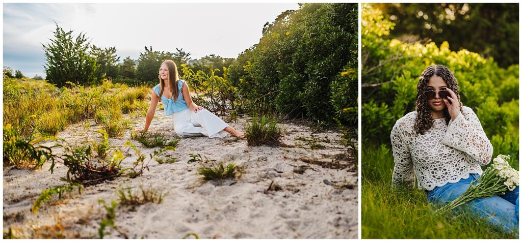Two senior girls sitting on the ground during a photography session.  One is wearing sunglasses. 

