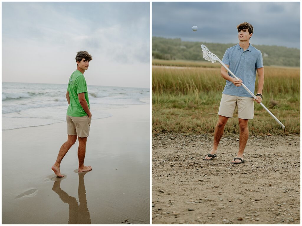 Boy holding lacrosse stick during a beach senior photo session. 