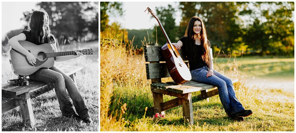 Senior photography Boston MA session featuring high school senior with guitar outdoors