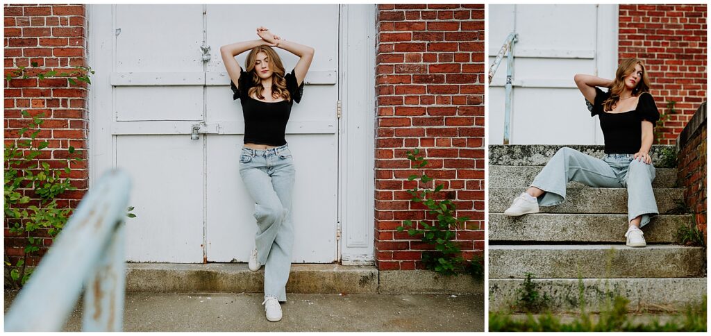 Senior portrait collage with a close-up detail shot and a full-body pose against a brick wall with a red door, featuring a black top and light jeans.