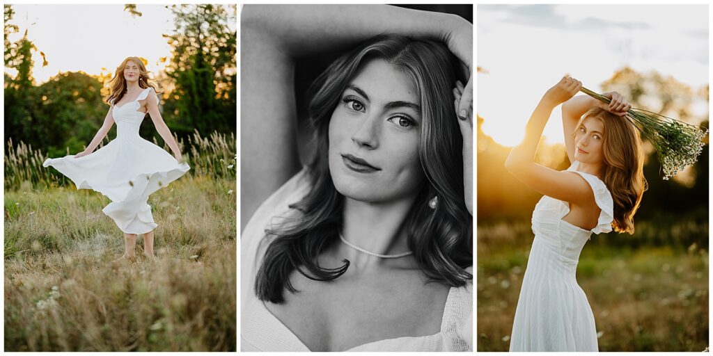 Senior session collage featuring a white dress twirl in a field, a black and white close-up portrait, and a sunset portrait holding a bouquet.