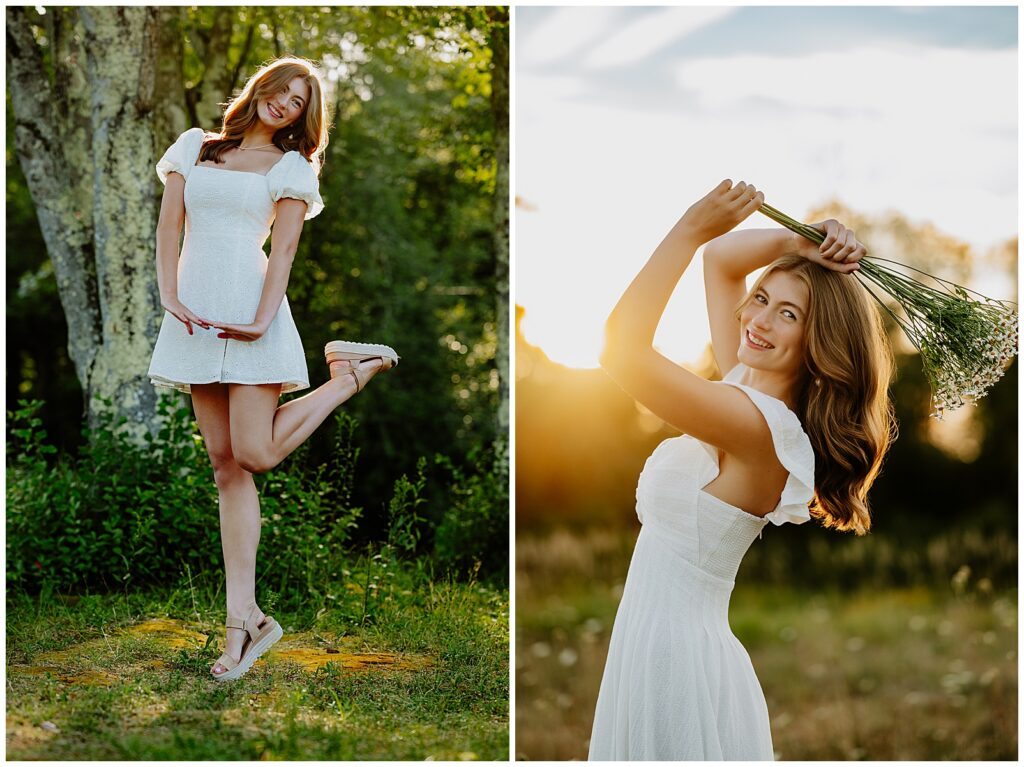 Senior girl in a short white dress posing by a tree near a pond, with close-up and full-body portraits in soft evening light.