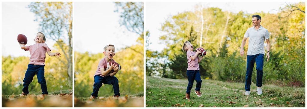Boy and father playing catch in a sun soaked field during a family session