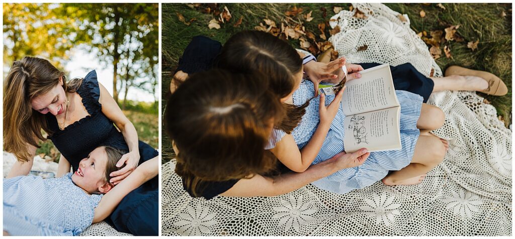 Mother and daughter reading together on a blanket during a candid lifestyle family photo session in Hopkinton, MA