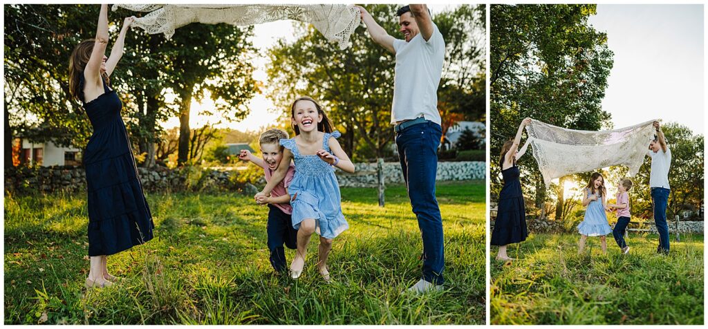 Family laughing and running under a blanket during a relaxed outdoor photo session in MetroWest Boston