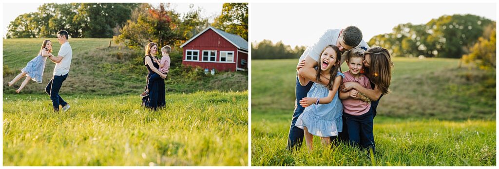 Kids piling in on parents for a relaxed family photo that blends posed and candid photography styles