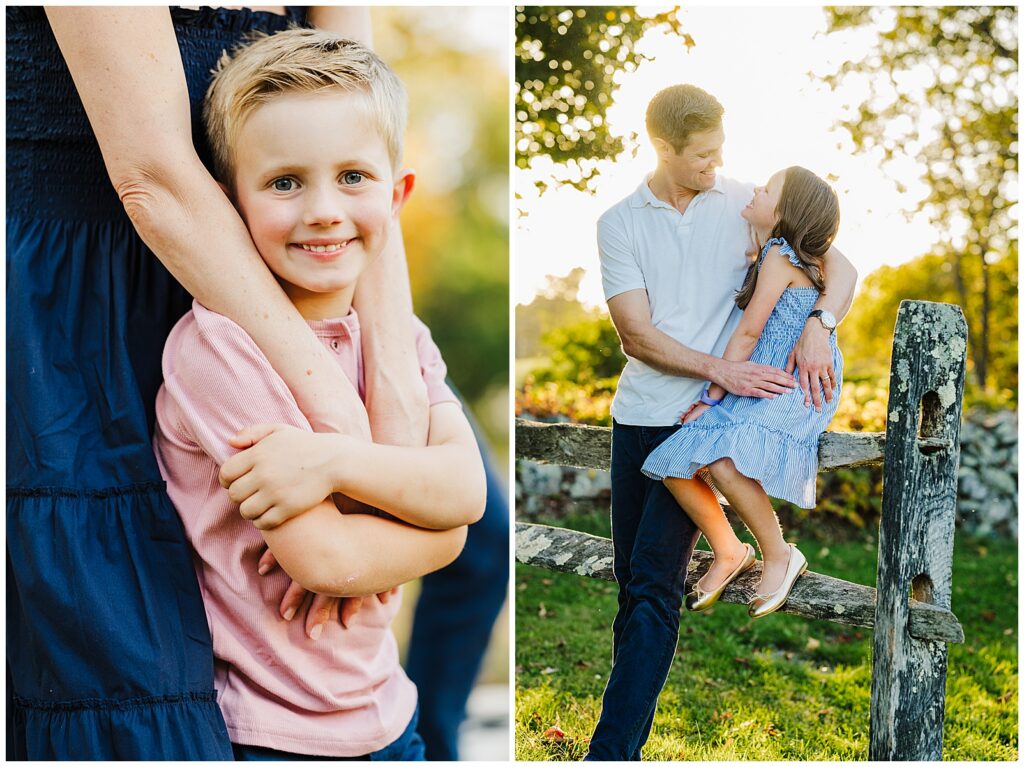 Natural posed family portrait with everyone smiling at camera during an outdoor session in MetroWest MA